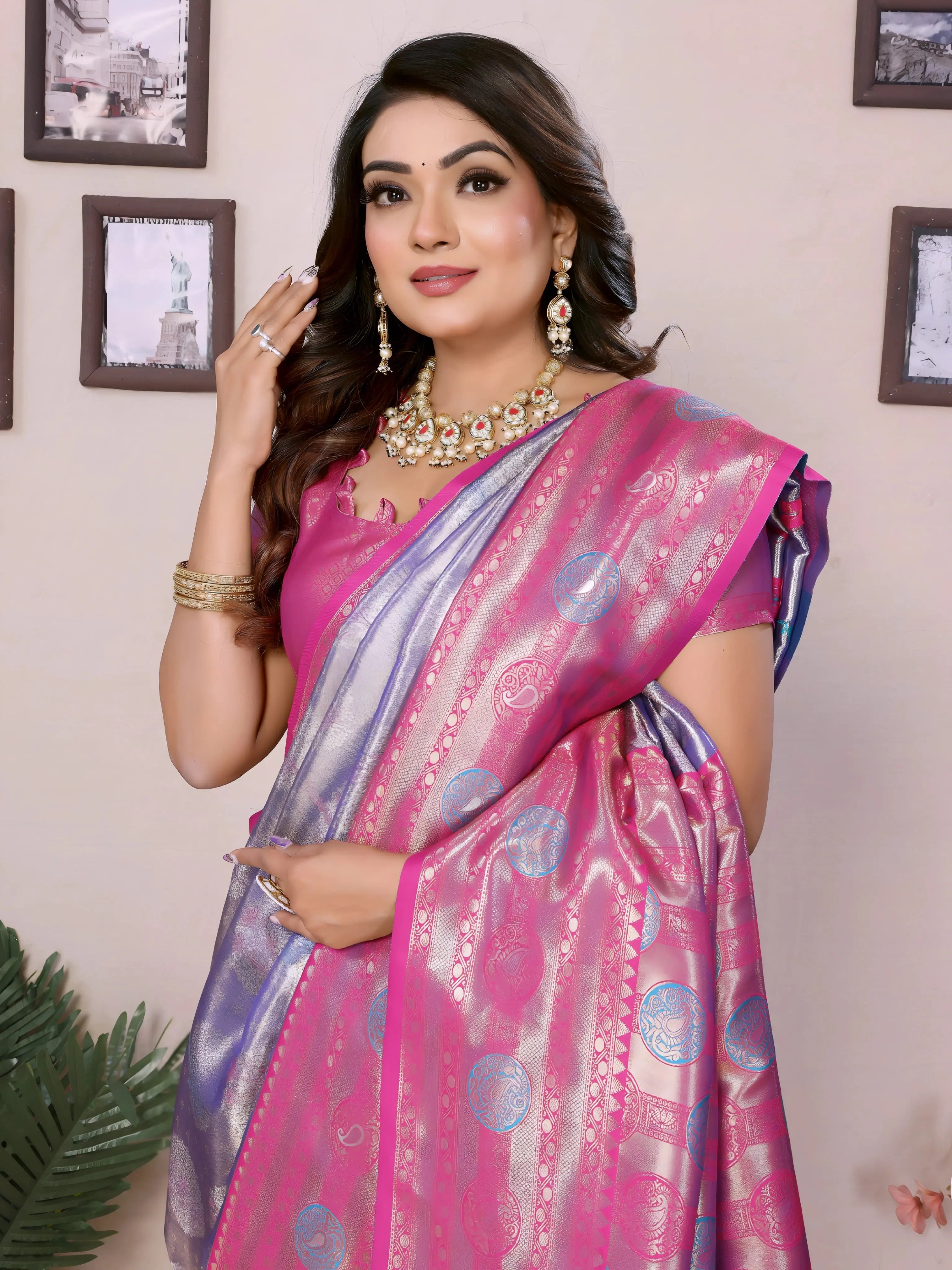 Purple & Pink Paithani Woven Banarasi Silk Saree